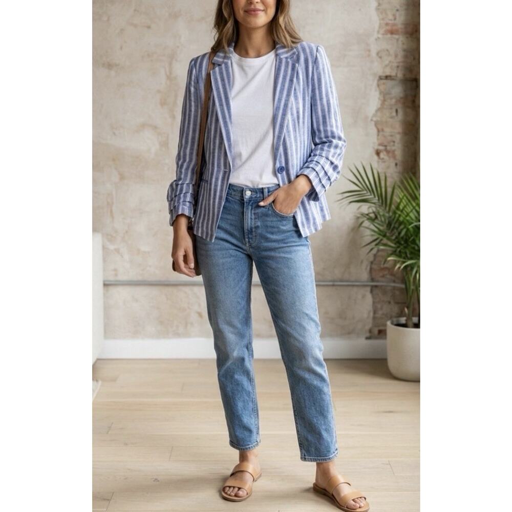 Linen Blazer W/Small Classic Blue White Pin Stripe Coastal Nautical Travel